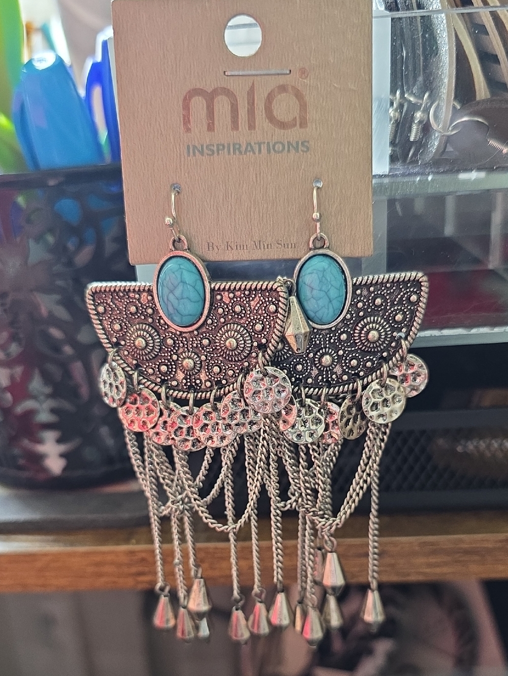 MIA Turquoise and Antique Silver Filigree Fringe Earrings